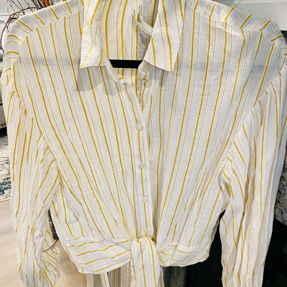 Tailor Striped Button Down Blouse with Tie Waist - Picture 3 of 4
